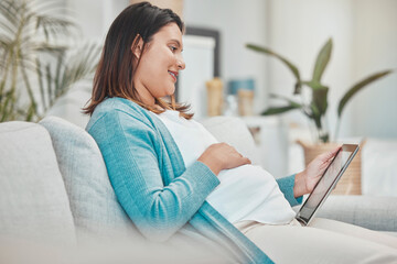 Pregnancy planning, relax and woman with a tablet, streaming movies and reading information on baby health. Pregnant research, healthcare and mother with social media on tech during maternity leave