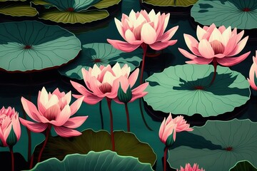 Lotus pond. Beautiful scenery. Meditation. Generative AI - obrazy, fototapety, plakaty
