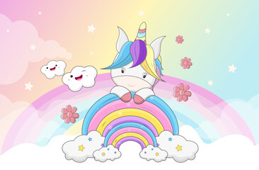  Cute little unicorn pony or horse. Fairytale background with rainbows and animals.