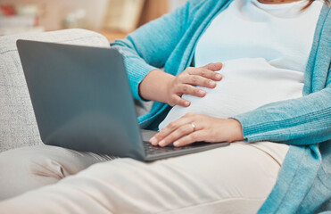 Pregnant, woman and laptop for online medical research to prepare for motherhood and being a parent. Computer, mum and pregnancy with a female searching for child advice during maternity leave
