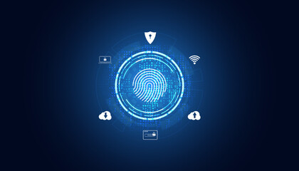 Abstract Fingerprint Scanning Encryption to login Cyber security icons on blue background modern futuristic