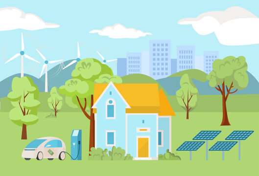 Environment friendly green energy at urban landscape, vector illustration. Eco solar panel, wind station near house building, city nature design.