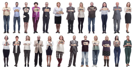 Fototapeta premium group of happy people with gifts in their hands isolated