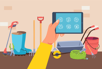 Smartphone with home gardening app, vector illustration, flat garden equipment near wall, internet system technology, hand hold tablet