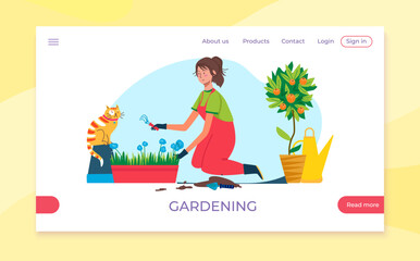 Home gardening, landing page concept, vector illustration, flat woman character work with flower plant in house, person hold tools, web banner.