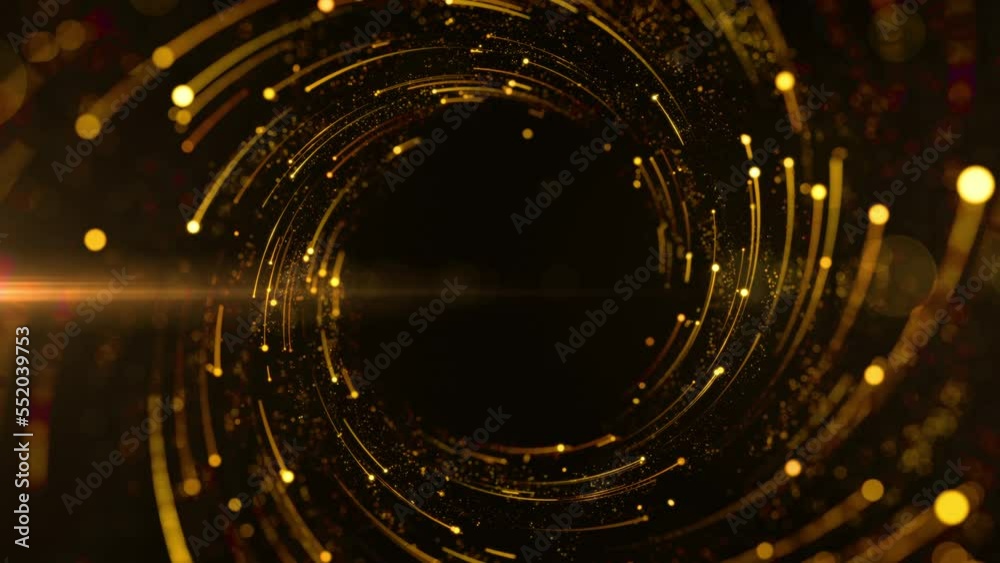 Poster tunnel gold color digital particles dots and line twist and movement, loop motion abstract backgroun