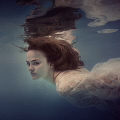 Portrait of a girl with dark hair in a lace dress underwater