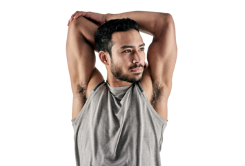 PNG studio shot of a muscular young man stretching his arms.