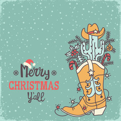 Cowboy Christmas vintage card with holiday Merry Christmas text. Vector Cowboy Christmas background on old paper texture.