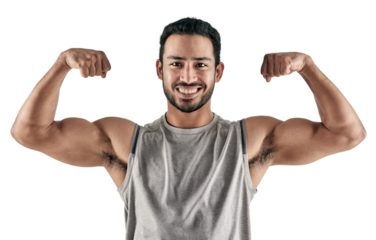 PNG studio portrait of a muscular young man flexing his biceps.
