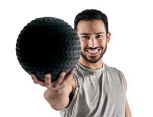 PNG studio portrait of a muscular young man holding an exercise ball.
