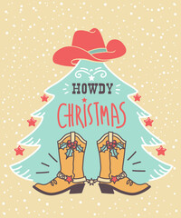 Cowboy Christmas vector card. Howdy Countryside new year background with cowboy boots and western hat and Christmas tree strars decor. - 552039984