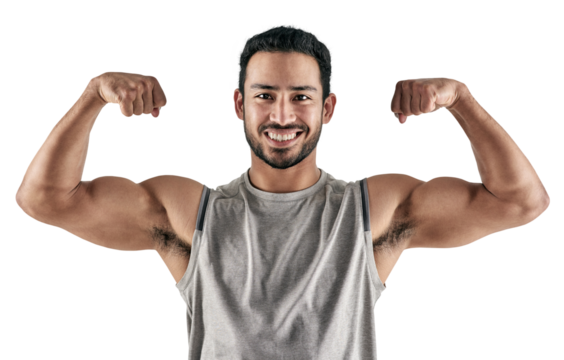 PNG studio portrait of a muscular young man flexing his biceps.