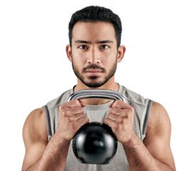 PNG studio portrait of a muscular young man exercising with a kettlebell.