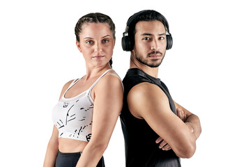 PNG studio portrait of a sporty young man and woman posing together.