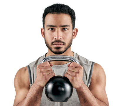 PNG studio portrait of a muscular young man exercising with a kettlebell. - Powered by Adobe