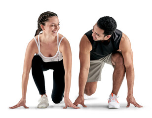 PNG studio shot of a sporty young man and woman in starting position.