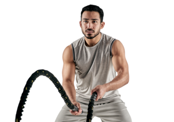 PNG studio shot of a muscular young man exercising with battle ropes.