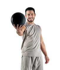 PNG studio portrait of a muscular young man holding an exercise ball.