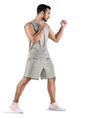 PNG studio shot of a muscular young man posing in fighting stance.