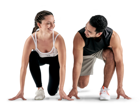 PNG studio shot of a sporty young man and woman in starting position.