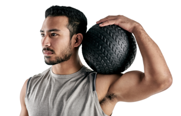 PNG studio shot of a muscular young man holding an exercise ball