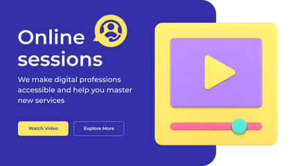Online sessions digital webinar lessons cyberspace multimedia content workshop distance education social media banner 3d icon vector illustration. Internet lecture tutorials e learning live streaming - obrazy, fototapety, plakaty