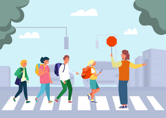 Street road with teacher, kid, vector illustration, boy girl kids character walk at traffic, safety sign in woman hands, school students outdoor.