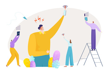 Lost connection concept, vector illustration. Flat man woman character search for internet, person hold smartphone technology for connect.