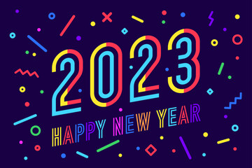 2023, Happy New Year. Greeting card with inscription Happy New Year 2023. Geometric bright style for Happy New Year or Merry Christmas. Holiday background, banner, poster. Vector Illustration