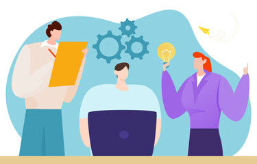 Business teamwork management concept, vector illustration, flat team man woman people character at corporate workflow in company office.