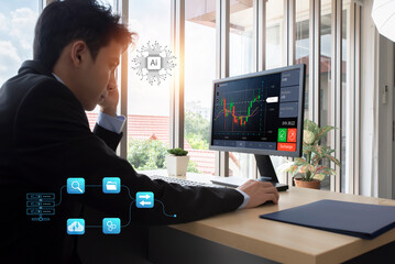 Young business man using AI robot computer trading stock market exchange online. Trader analyzing...