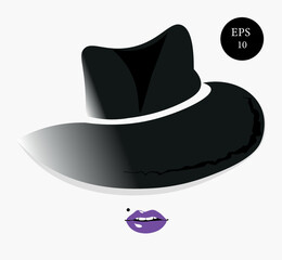 Women with black hat and purple lips. Illustration of young woman in a hat- black