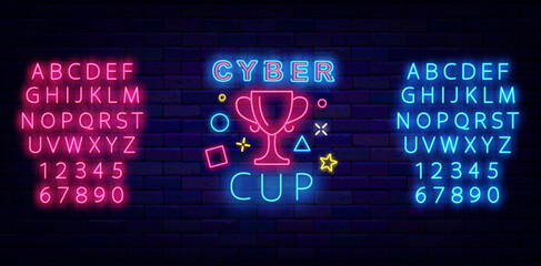 Cyber cup neon signboard. VR games banner. Virtual reality sign. Shiny banner. Vector stock illustration