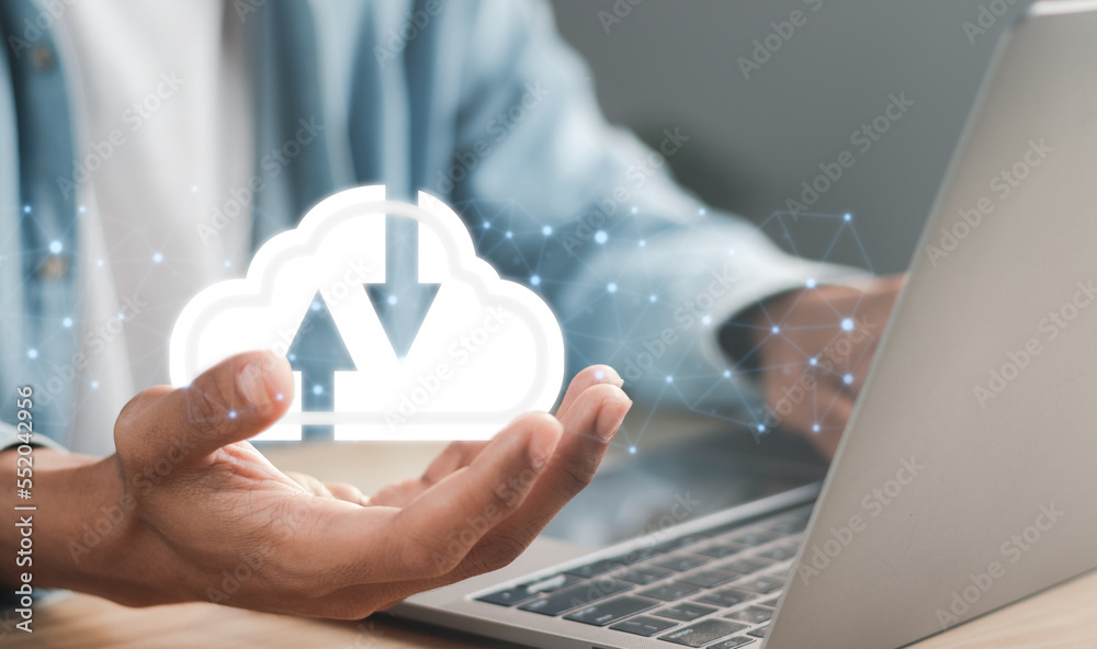 Wall mural cloud computing technology internet storage network concept..businessman holding virtual icon cloud.