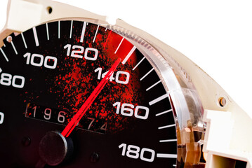 Bloody speed.The speedometer is stuck at 140 speed tag.Car speedometer. Auto car speedometer shows...