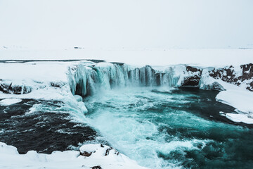 Goafoss waterfall in northern Iceland, waterfall during winter, Iceland