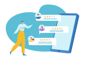 Customer make online review, survey, vector illustration, client feedback about service, flat man character look at quality rating