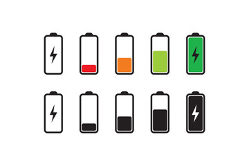 Battery charge level icon set. Power level battery smartphone illustration symbol. Sign energy storage concept vector flat.