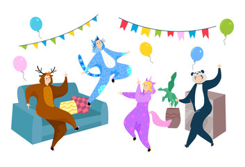 Party in kigurumi, vector illustration, flat man woman character in funny pajama , animal costume, young friends jump dance at home.