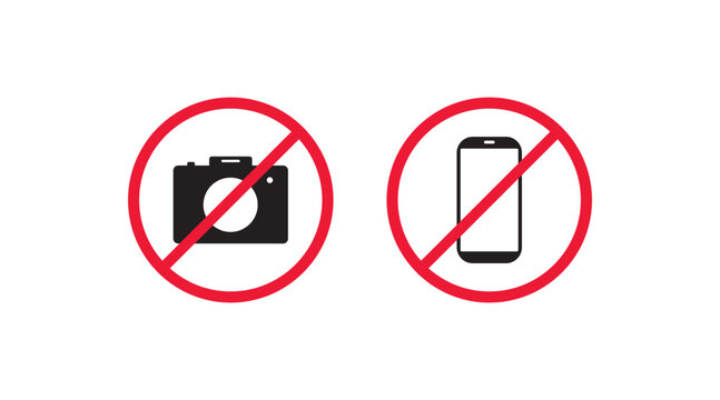 Forbidden photo and phone icon. No photography, no telephone illustration symbol. Sign camera and smartphone ban vector flat.