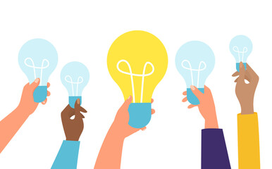 Light bulbs idea in hand, vector illustration, flat person group hold creative innovation solution, inspiration with lamp symbol concept.