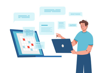 Fototapeta premium Business calendar at laptop, planning concept, vector illustration, flat man character make office management at work schedule plan.