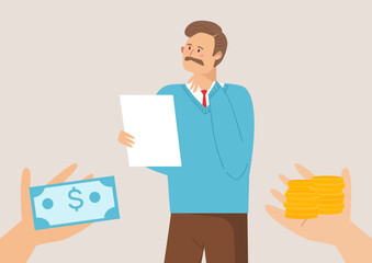 Popular specialist have business opportunity, vector illustration. Person man character think about different offer, hands hold money coin