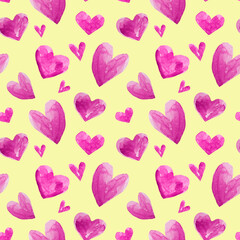 Watercolor seamless pattern of hearts on a delicate yellow background. Fabric pattern. Valentine's Day. February. Holidays. The senses. Valentine's Day. Banner.