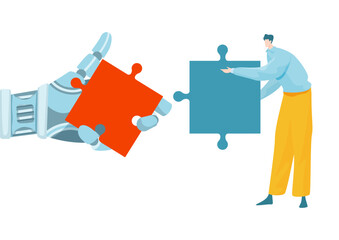 Robot and businessman communication, vector illustration, artificial intelligence, flat tiny man character hold puzzle in hand together.