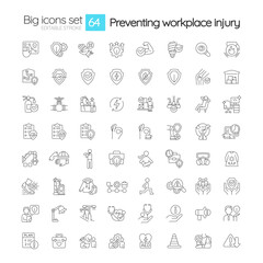 Preventing workplace injury linear big icons set. Employee health and safety. Customizable thin line symbols. Isolated vector outline illustrations. Editable stroke. Montserrat Bold, Light fonts used