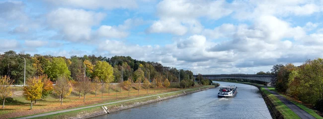 Schilderijen op glas barge in canal between brussels and charleroi on sunny day in autumn © ahavelaar
