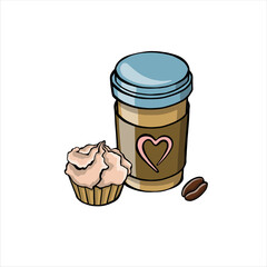cup of coffee to go and cupcake   illustration