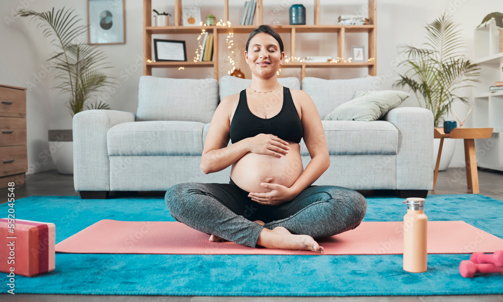 Wall mural Pregnant, woman and workout for fitness, strength and training for flexibility at home with smile. Stomach, pregnancy and wellness with a mother exercise with pilates for health and relaxation